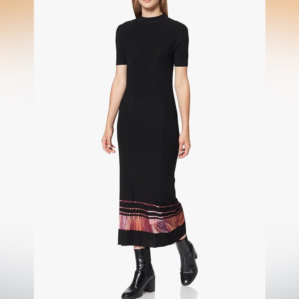 Desigual Black Bodycon Maxi Dress with Pink Hem Detail Size L